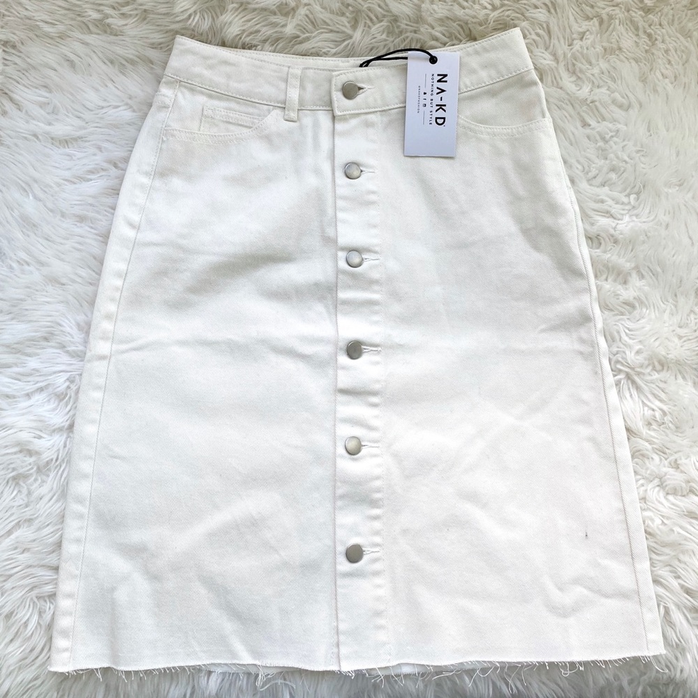 NWT NA-KD Button Up Front White Denim Skirt